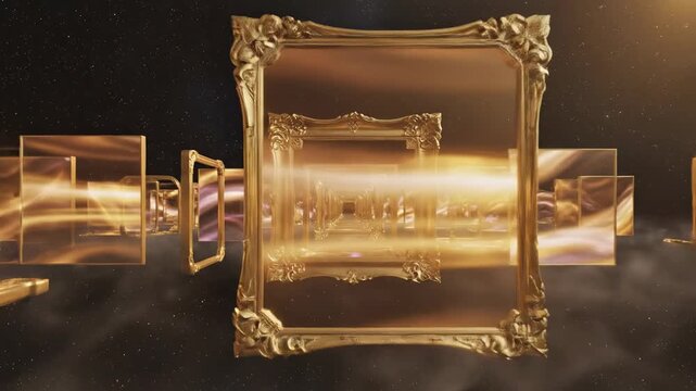 Golden picture frames transition through a cosmic space filled with swirling colors and soft clouds, creating a mesmerizing visual journey through artistic dimensions