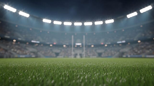 Closeup view of a stadium sports field under bright artificial lights at night