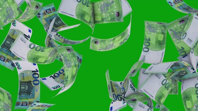 Lots of euro banknotes. 4k looped video. Smoothly moving euros banknotes. 100 Euros Money flying around Animation. European Euro Bill Falling Money Green Screen Animation &mdash; Cash Rain Effect Video