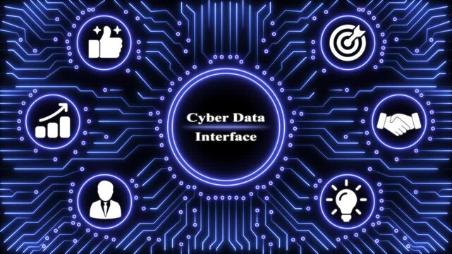 Cyber data interface with glowing blue circuit board and network
