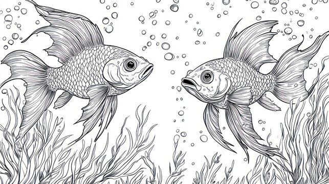 Two fancy goldfish face each other, surrounded by bubbles and seaweed, grayscale line art