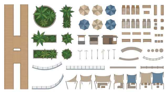 Outdoor Resort Furniture CAD Collection with Umbrellas Loungers Tents Decking and Landscape Elements