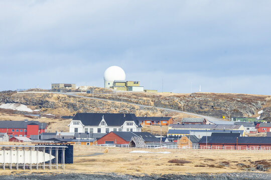 Part of Vard&oslash; seen from the coastal route on a beautiful spring day -Radar dome