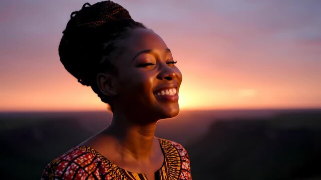 A woman smiles joyfully, looking up at the sunset with warm colors. The background has a blurred landscape