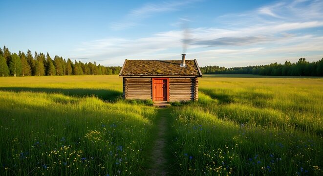 Red vintage railway boxcar in rural green field landscape.