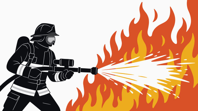 Firefighter in uniform spraying water from a hose to extinguish a large blaze