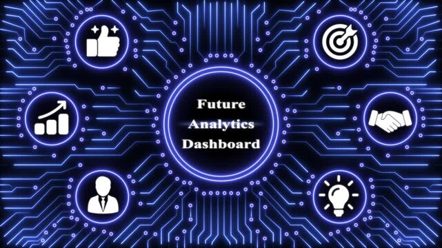 Future analytics dashboard concept with glowing blue digital circuit board background and