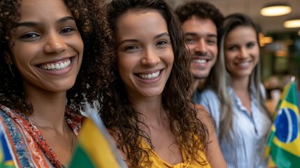 Fototapeta premium Diverse group of friends smiling and holding Brazilian flags