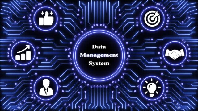 Data management system concept with glowing blue circuitry background and business