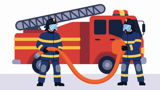 Firefighters holding a hose with a fire truck in the background, representing emergency services