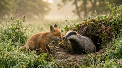 Fototapeta premium Fox and Badger Meeting at a Burrow Entrance in a Grassy Field.
