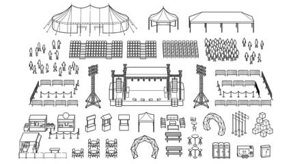 Naklejka premium Event Venue CAD Collection with Stages Tents Seating Crowd Barriers and Festival Infrastructure