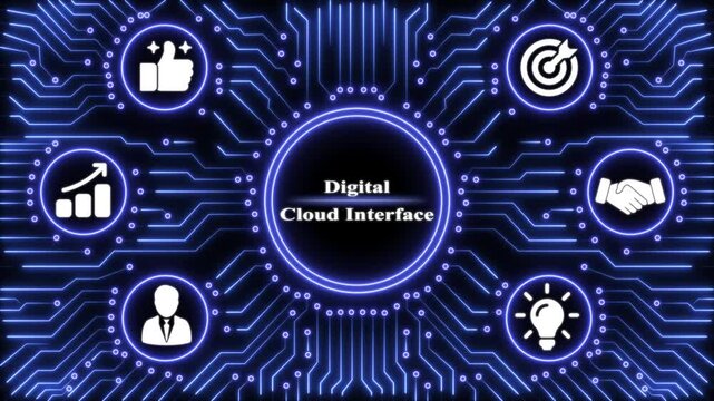 Digital cloud interface concept with glowing blue circuitry patterns and business