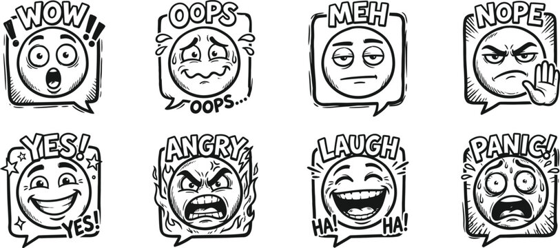 Emotional reactions a set of 8 unique emotive faces with varied expressions
