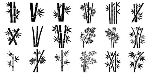 Set of black bamboo stalk silhouettes isolated on a white background. © Zangkaru