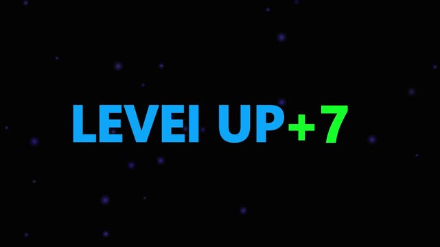 Level up pixel 7 displayed in pixelated text over a blck. Retro pixelated "Level Up" text glows with achievement, inspiring progress and victory. Motion graphics of gaming concept.