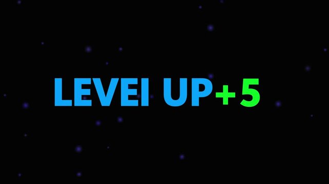 Level up pixel 5 displayed in pixelated text over a blck. Retro pixelated "Level Up" text glows with achievement, inspiring progress and victory. Motion graphics of gaming concept.