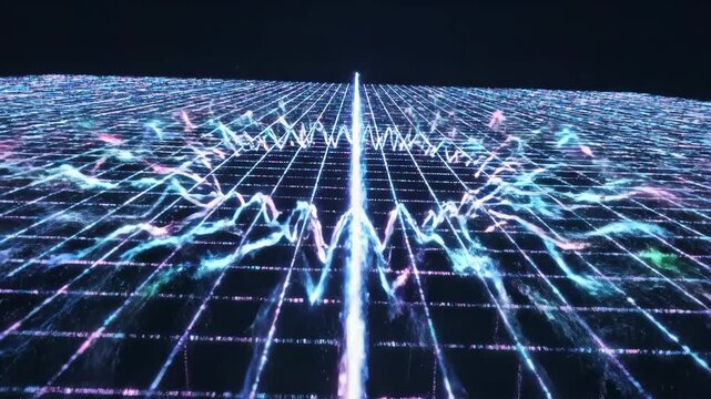 A neon grid with wave patterns dominates the view, vibrant blue/purple lights dance. The darkness deepens