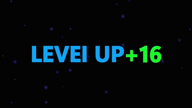 Level up pixel 16 displayed in pixelated text over a blck. Retro pixelated "Level Up" text glows with achievement, inspiring progress and victory. Motion graphics of gaming concept.