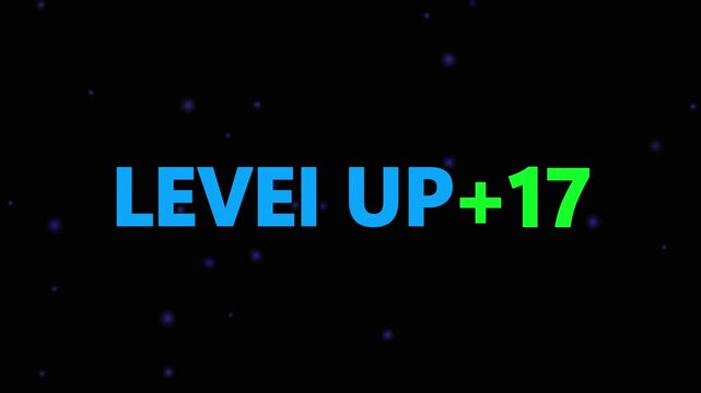 Level up pixel 17 displayed in pixelated text over a blck. Retro pixelated "Level Up" text glows with achievement, inspiring progress and victory. Motion graphics of gaming concept.