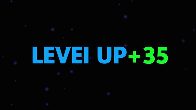 Level up pixel 35 displayed in pixelated text over a blck. Retro pixelated "Level Up" text glows with achievement, inspiring progress and victory. Motion graphics of gaming concept.