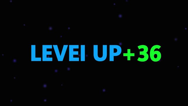 Level up pixel 36 displayed in pixelated text over a blck. Retro pixelated "Level Up" text glows with achievement, inspiring progress and victory. Motion graphics of gaming concept.