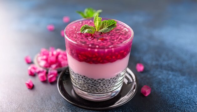 A Vibrant Layered Glass Dessert And Drink Featured For Ramadan Kareem Combining Chia Pudding Pink Jelly Noodles And Mint On Top Bright Festive And Refreshingly Sweet For Ramadan Celebrations