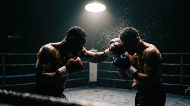Intense Boxing Match - Two Fighters in a Dramatic Ring Under Spotlight.