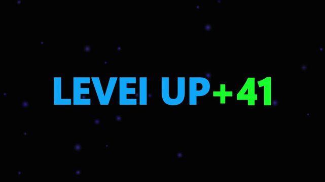 Level up pixel 41 displayed in pixelated text over a blck. Retro pixelated "Level Up" text glows with achievement, inspiring progress and victory. Motion graphics of gaming concept.