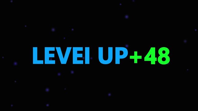 Level up pixel 48 displayed in pixelated text over a blck. Retro pixelated "Level Up" text glows with achievement, inspiring progress and victory. Motion graphics of gaming concept.