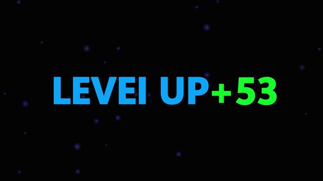 Level up pixel 53 displayed in pixelated text over a blck. Retro pixelated "Level Up" text glows with achievement, inspiring progress and victory. Motion graphics of gaming concept.
