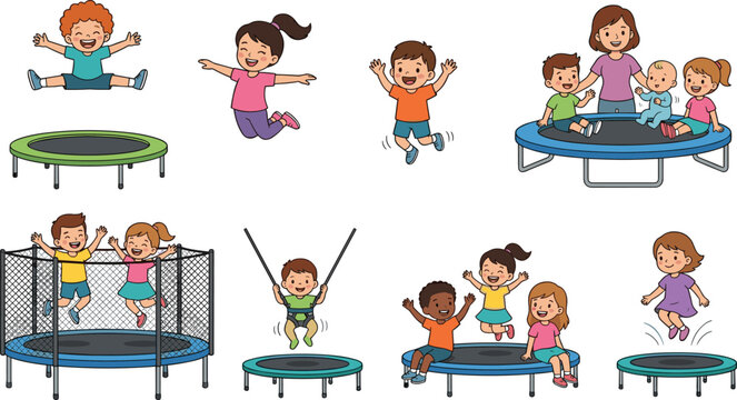Cartoon Kids and Mother Jumping on Trampoline Vector Set with Toddler, Harness, Safety Net and Group Play for Family Activity Design