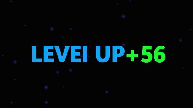 Level up pixel 56 displayed in pixelated text over a blck. Retro pixelated "Level Up" text glows with achievement, inspiring progress and victory. Motion graphics of gaming concept.