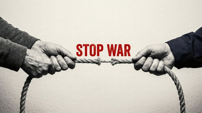 Hands Pulling Rope with Stop War Message, Conflict and Struggle Concept.