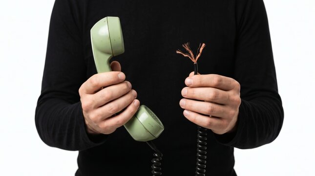 Man Holding Damaged Telephone Receiver and Severed Cord on White Background.