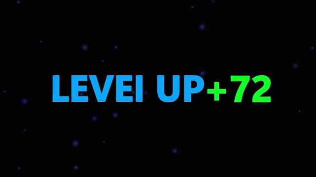 Level up pixel 72 displayed in pixelated text over a blck. Retro pixelated "Level Up" text glows with achievement, inspiring progress and victory. Motion graphics of gaming concept.