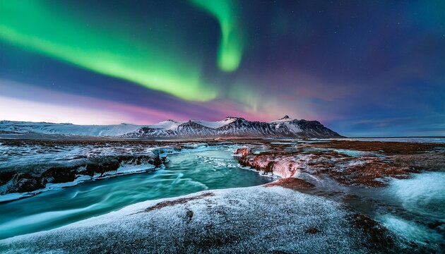Northern Lights Over An Icy Landscape In Iceland
