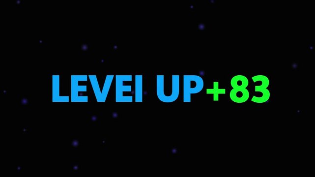 Level up pixel 83 displayed in pixelated text over a blck. Retro pixelated "Level Up" text glows with achievement, inspiring progress and victory. Motion graphics of gaming concept.