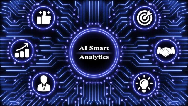 Ai smart analytics text surrounded by glowing blue circuit board lines and
