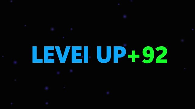Level up pixel 92 displayed in pixelated text over a blck. Retro pixelated "Level Up" text glows with achievement, inspiring progress and victory. Motion graphics of gaming concept.