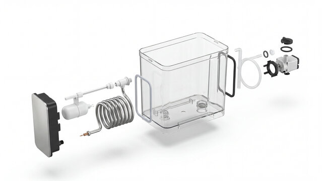 Exploded diagram of a water dispenser components and assembly isolated