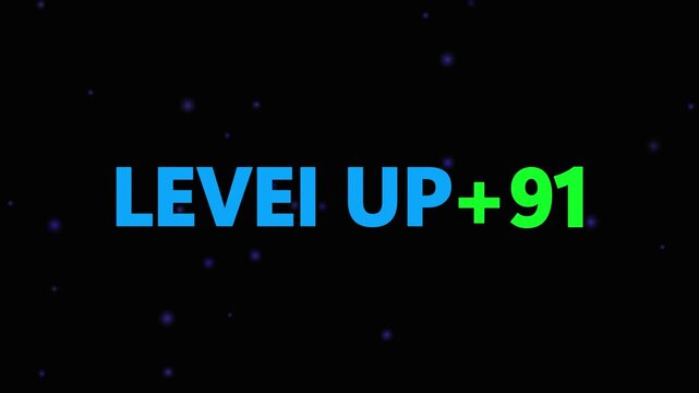 Level up pixel 91 displayed in pixelated text over a blck. Retro pixelated "Level Up" text glows with achievement, inspiring progress and victory. Motion graphics of gaming concept.
