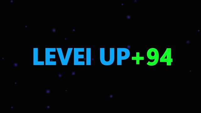Level up pixel 94 displayed in pixelated text over a blck. Retro pixelated "Level Up" text glows with achievement, inspiring progress and victory. Motion graphics of gaming concept.