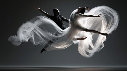 Dancers in silhouette against a dark, moody backdrop. One figure in black, one in white