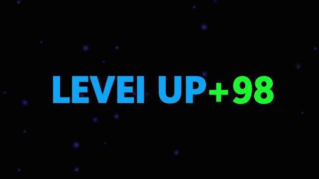 Level up pixel 98 displayed in pixelated text over a blck. Retro pixelated "Level Up" text glows with achievement, inspiring progress and victory. Motion graphics of gaming concept.
