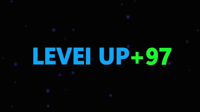 Level up pixel 97 displayed in pixelated text over a blck. Retro pixelated "Level Up" text glows with achievement, inspiring progress and victory. Motion graphics of gaming concept.
