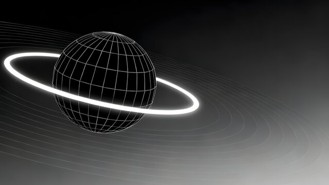 Wireframe model of a planet with rings against a dark gradient background