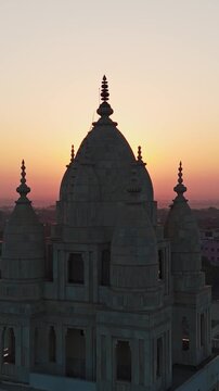Aerial Drone Shot of Prem Mandir and Pagal Baba Temple at Sunrise, Vrindavan, Mathura, India
