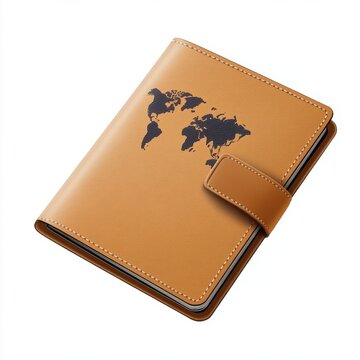 Stylish brown leather notebook with a world map design, perfect for travel enthusiasts and note-takers.