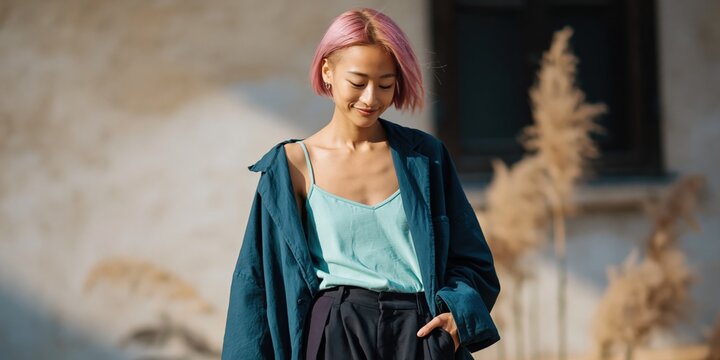 Young woman smiling outdoors wearing teal camisole and jacket